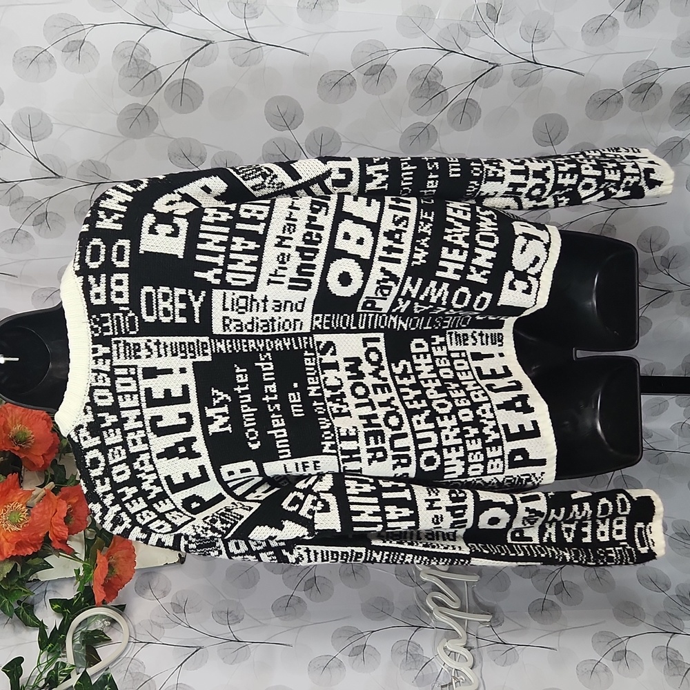 Obey Black & White Newsprint "Peace" Crewneck Sweater - Picture 5 of 7